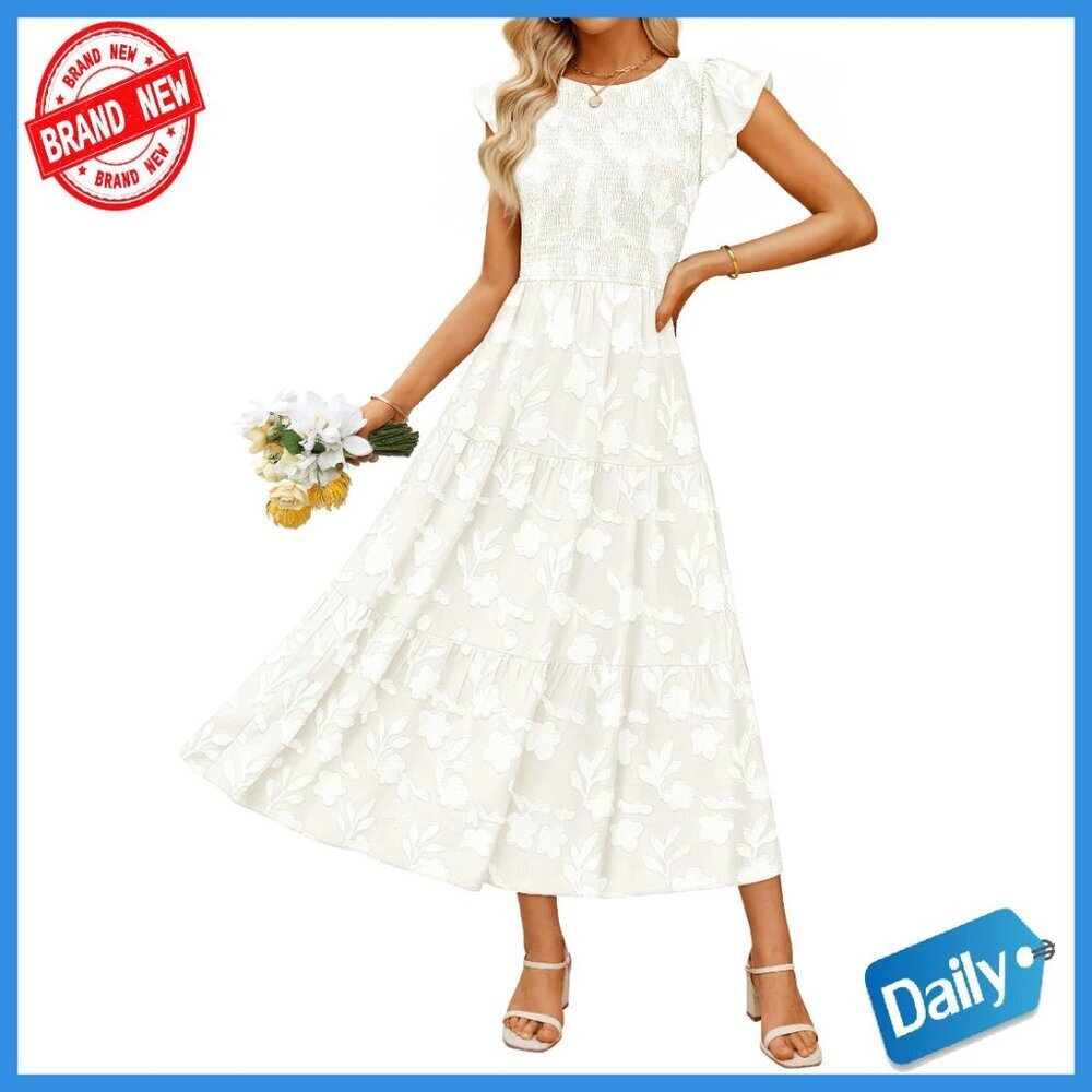 Boho Floral Midi Dress Smocked Top Flutter Sleeves Pockets